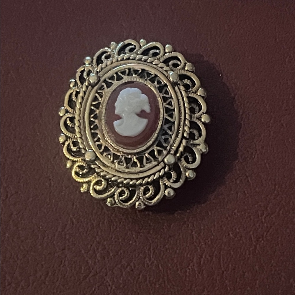 Vintage Mini Cameo Brooch Gold Burgundy